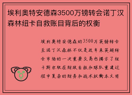 埃利奥特安德森3500万镑转会诺丁汉森林纽卡自救账目背后的权衡