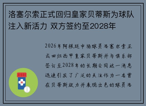 洛塞尔索正式回归皇家贝蒂斯为球队注入新活力 双方签约至2028年 洛塞尔索正式回归皇家贝蒂斯为球队注入新活力 双方签约至2028年